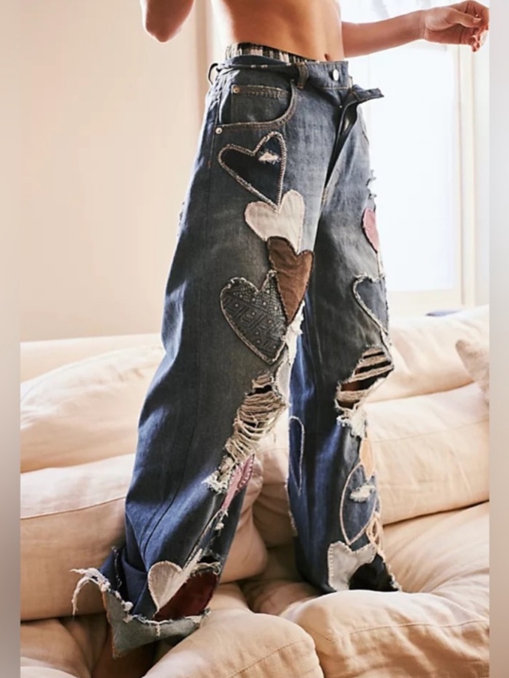 Free People Piece Of My Heart Crazy Good Luck Barrel Jeans Patchwork 27 - Picture 3 of 9
